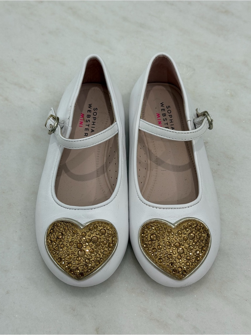 Sophia Webster Mini White Mary Jane Flats with Gold Heart